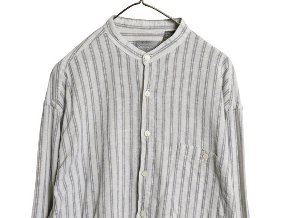 80s LORD&TAYLOR バンドカラー 長袖 シャツ メンズ XL / 古着 ヴィンテージ リネン コットン ストライプ ノーカラー ボックス 大きいサイズ