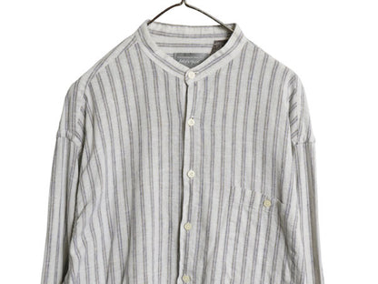 80s LORD&TAYLOR バンドカラー 長袖 シャツ メンズ XL / 古着 ヴィンテージ リネン コットン ストライプ ノーカラー ボックス 大きいサイズ