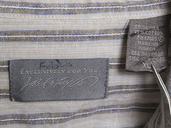 80s LORD&TAYLOR バンドカラー 長袖 シャツ メンズ XL / 古着 ヴィンテージ リネン コットン ストライプ ノーカラー ボックス 大きいサイズ