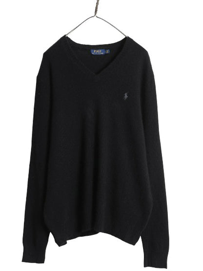 ポロ ラルフローレン Vネック ニット セーター メンズ XL ウール カシミヤ 長袖ニット ワンポイント 大きいサイズ シンプル ブラック 薄手