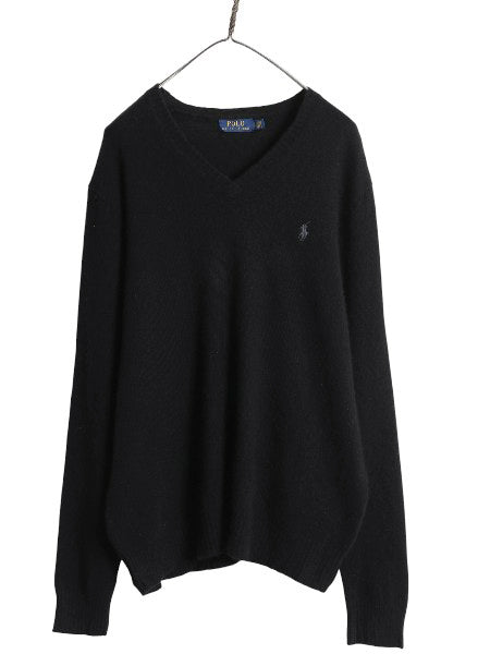 ポロ ラルフローレン Vネック ニット セーター メンズ XL ウール カシミヤ 長袖ニット ワンポイント 大きいサイズ シンプル ブラック 薄手