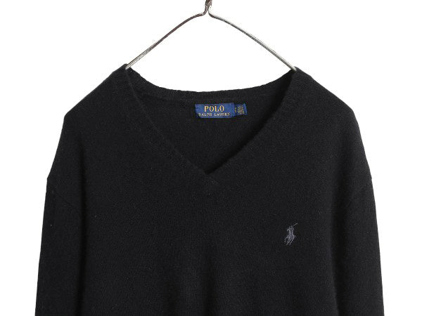 ポロ ラルフローレン Vネック ニット セーター メンズ XL ウール カシミヤ 長袖ニット ワンポイント 大きいサイズ シンプル ブラック 薄手
