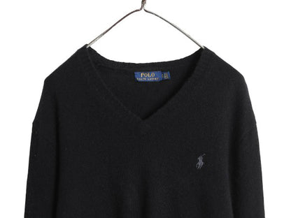 ポロ ラルフローレン Vネック ニット セーター メンズ XL ウール カシミヤ 長袖ニット ワンポイント 大きいサイズ シンプル ブラック 薄手