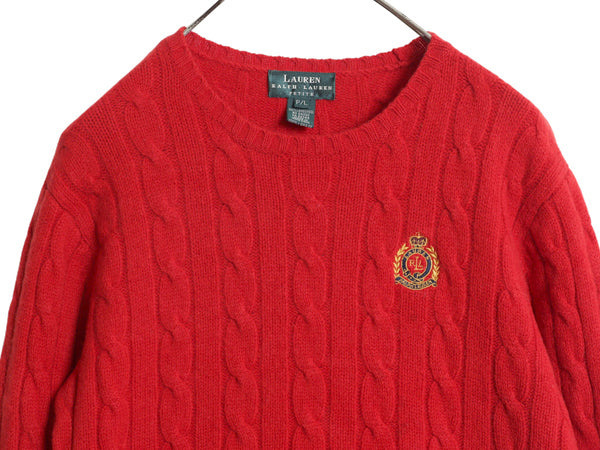 90s ローレン ラルフローレン ケーブル ニット セーター レディース L オールド ポロ 長袖ニット ラム ウール クレスト ワンポイント 赤 