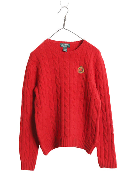 90s ローレン ラルフローレン ケーブル ニット セーター レディース L オールド ポロ 長袖ニット ラム ウール クレスト ワンポイント 赤 