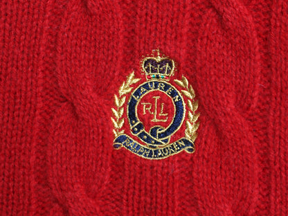 90s ローレン ラルフローレン ケーブル ニット セーター レディース L オールド ポロ 長袖ニット ラム ウール クレスト ワンポイント 赤 