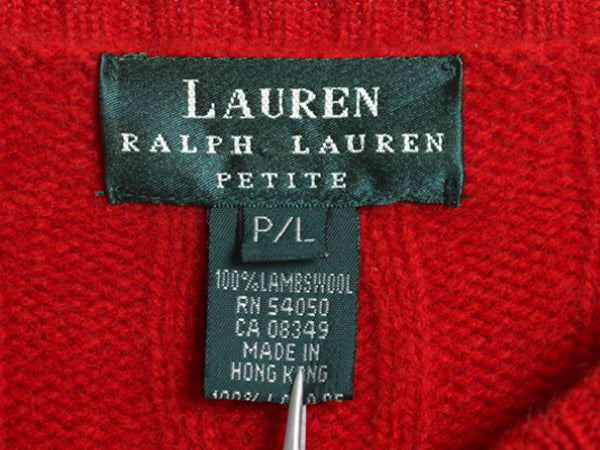 90s ローレン ラルフローレン ケーブル ニット セーター レディース L オールド ポロ 長袖ニット ラム ウール クレスト ワンポイント 赤 