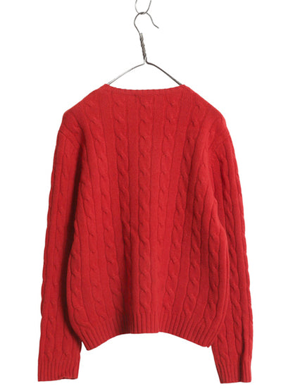 90s ローレン ラルフローレン ケーブル ニット セーター レディース L オールド ポロ 長袖ニット ラム ウール クレスト ワンポイント 赤 