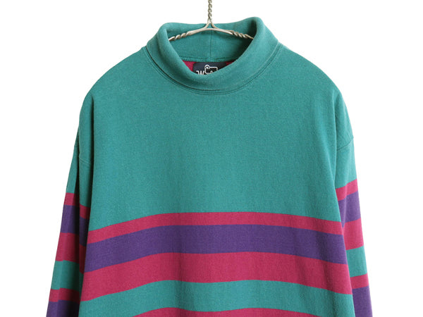 80s ウールリッチタートルネック ボーダー 長袖 Tシャツ メンズ L ヴィンテージ ロンT ラガーシャツ ヘビーウェイト コットン ハイネック