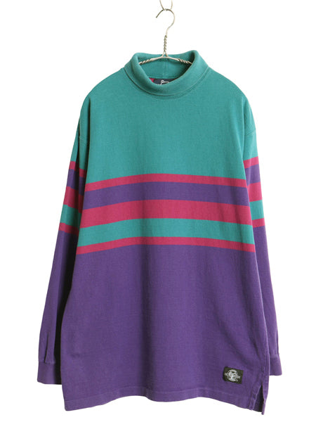 80s ウールリッチタートルネック ボーダー 長袖 Tシャツ メンズ L ヴィンテージ ロンT ラガーシャツ ヘビーウェイト コットン ハイネック