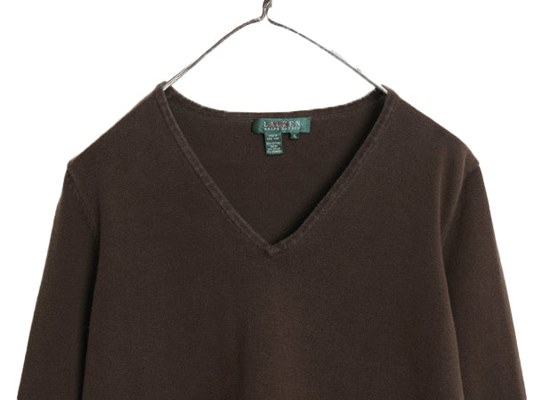 00s ローレン ラルフローレン Vネック リブ編み カットソー レディース XL / オールド コットン ストレッチ 7分袖 Tシャツ ショート丈 無地