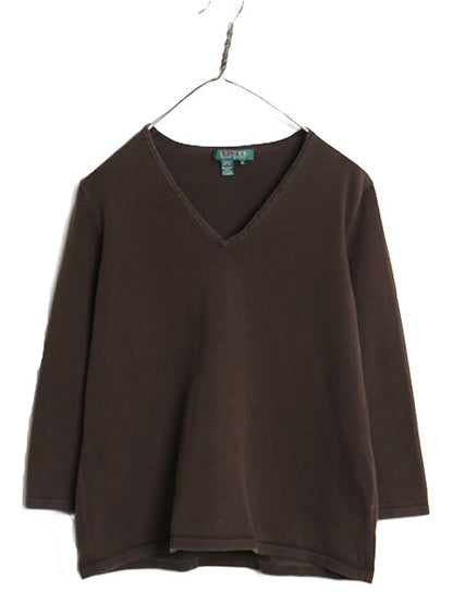 00s ローレン ラルフローレン Vネック リブ編み カットソー レディース XL / オールド コットン ストレッチ 7分袖 Tシャツ ショート丈 無地