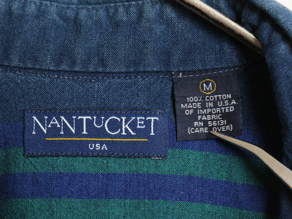 90s USA製 NANTUCKET ストライプ 長袖 シャツ メンズ M 古着 オールド コットン ポケット付き トップス シンプル ツートン ブルー グリーン