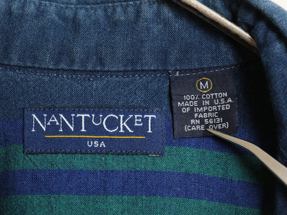 90s USA製 NANTUCKET ストライプ 長袖 シャツ メンズ M 古着 オールド コットン ポケット付き トップス シンプル ツートン ブルー グリーン