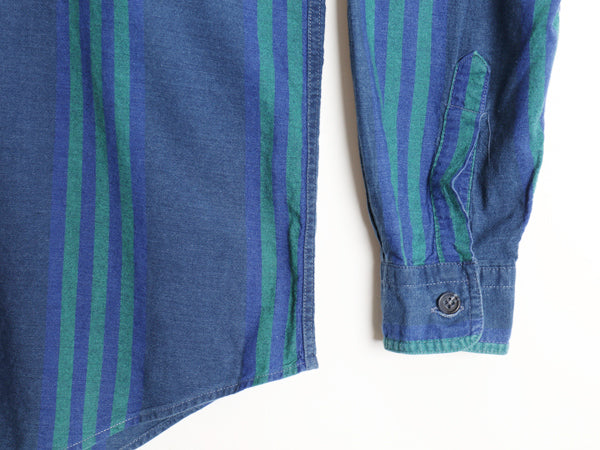 90s USA製 NANTUCKET ストライプ 長袖 シャツ メンズ M 古着 オールド コットン ポケット付き トップス シンプル ツートン ブルー グリーン