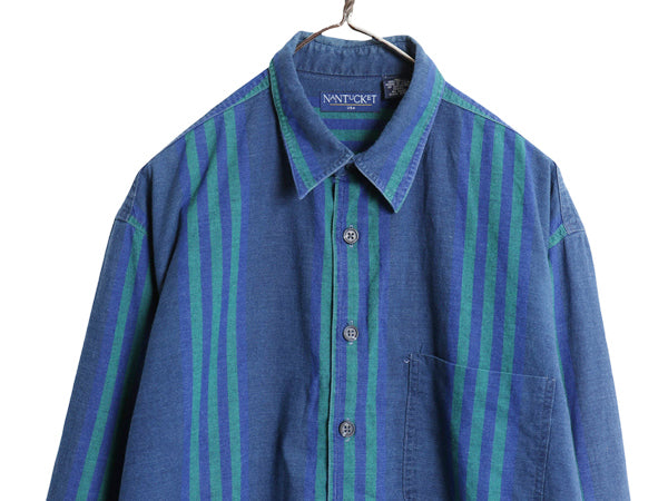 90s USA製 NANTUCKET ストライプ 長袖 シャツ メンズ M 古着 オールド コットン ポケット付き トップス シンプル ツートン ブルー グリーン