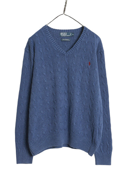 ポロ ラルフローレン ケーブル ニット セーター メンズ XL 古着 高級 100% シルク Vネック 長袖ニット ワンポイント 大きいサイズ きれいめ