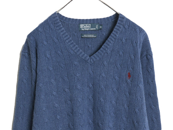 ポロ ラルフローレン ケーブル ニット セーター メンズ XL 古着 高級 100% シルク Vネック 長袖ニット ワンポイント 大きいサイズ きれいめ