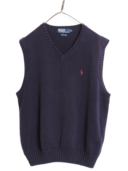90s ポロ ラルフローレン Vネック コットン ニット ベスト メンズ XL 古着 オールド セーター 重ね着 ワンポイント 大きいサイズ ネイビー
