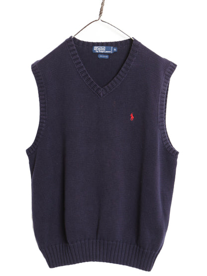 90s ポロ ラルフローレン Vネック コットン ニット ベスト メンズ XL 古着 オールド セーター 重ね着 ワンポイント 大きいサイズ ネイビー