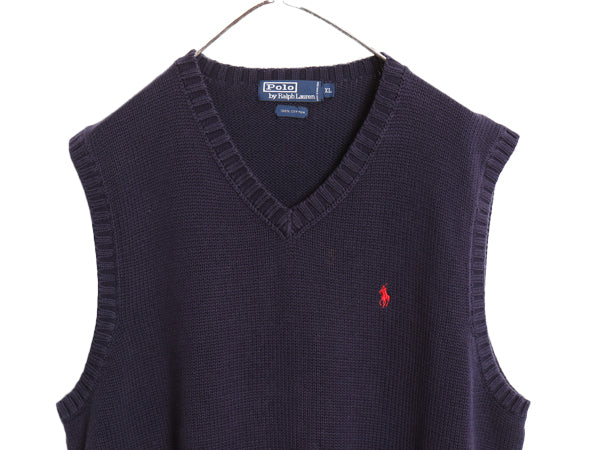 90s ポロ ラルフローレン Vネック コットン ニット ベスト メンズ XL 古着 オールド セーター 重ね着 ワンポイント 大きいサイズ ネイビー