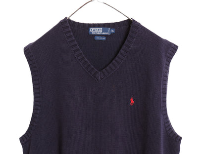 90s ポロ ラルフローレン Vネック コットン ニット ベスト メンズ XL 古着 オールド セーター 重ね着 ワンポイント 大きいサイズ ネイビー