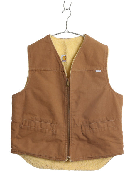 80s USA製 カーハート ダック ベスト メンズ L / ヴィンテージ ワーク 裏 ボア パイル フリース フルジップ 重ね着 前開き ワンポイント 茶