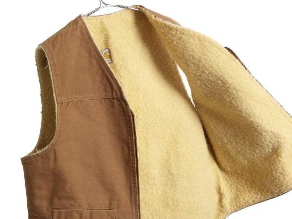 80s USA製 カーハート ダック ベスト メンズ L / ヴィンテージ ワーク 裏 ボア パイル フリース フルジップ 重ね着 前開き ワンポイント 茶