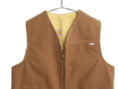 80s USA製 カーハート ダック ベスト メンズ L / ヴィンテージ ワーク 裏 ボア パイル フリース フルジップ 重ね着 前開き ワンポイント 茶