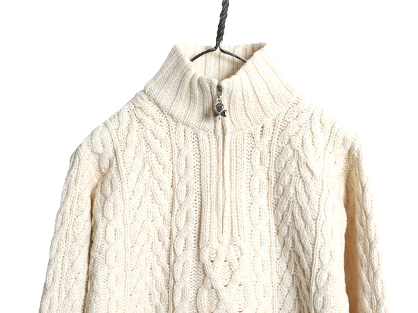 アイルランド製 aran crafts ハーフジップ フィッシャーマン ニット セーター レディース XS / メリノ ウール アラン ケーブル ナチュラル