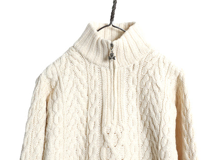 アイルランド製 aran crafts ハーフジップ フィッシャーマン ニット セーター レディース XS / メリノ ウール アラン ケーブル ナチュラル