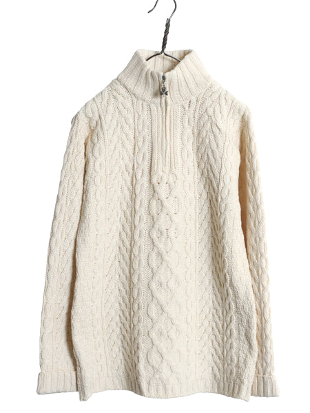 アイルランド製 aran crafts ハーフジップ フィッシャーマン ニット セーター レディース XS / メリノ ウール アラン ケーブル ナチュラル