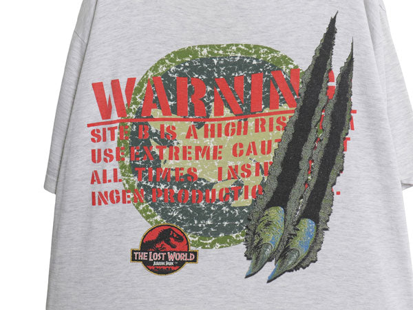 90s ★ ジュラシックパーク イラスト プリント Tシャツ メンズ L 古着 オールド オフィシャル 当時物 ムービー 映画 ロゴ キャラクター 灰