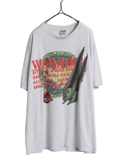90s ★ ジュラシックパーク イラスト プリント Tシャツ メンズ L 古着 オールド オフィシャル 当時物 ムービー 映画 ロゴ キャラクター 灰