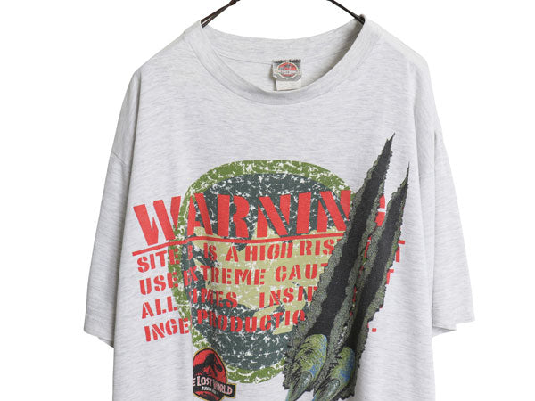 90s ★ ジュラシックパーク イラスト プリント Tシャツ メンズ L 古着 オールド オフィシャル 当時物 ムービー 映画 ロゴ キャラクター 灰