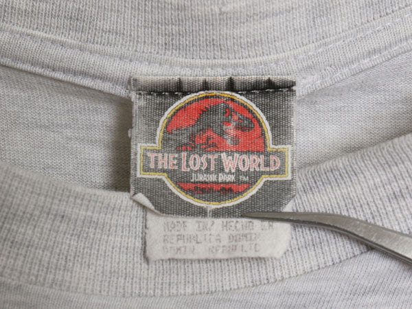 90s ★ ジュラシックパーク イラスト プリント Tシャツ メンズ L 古着 オールド オフィシャル 当時物 ムービー 映画 ロゴ キャラクター 灰