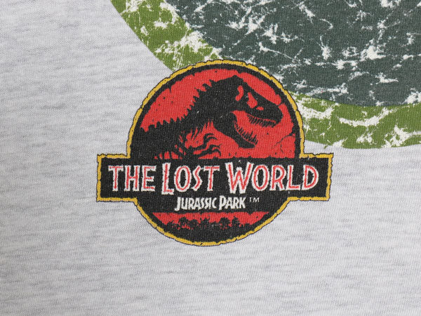 90s ★ ジュラシックパーク イラスト プリント Tシャツ メンズ L 古着 オールド オフィシャル 当時物 ムービー 映画 ロゴ キャラクター 灰