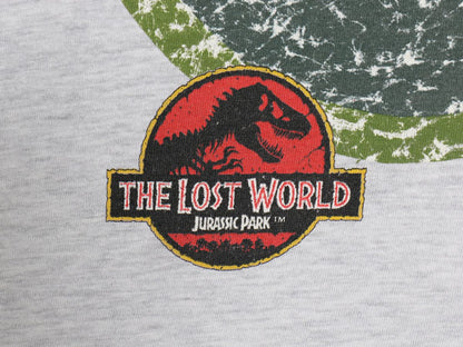 90s ★ ジュラシックパーク イラスト プリント Tシャツ メンズ L 古着 オールド オフィシャル 当時物 ムービー 映画 ロゴ キャラクター 灰