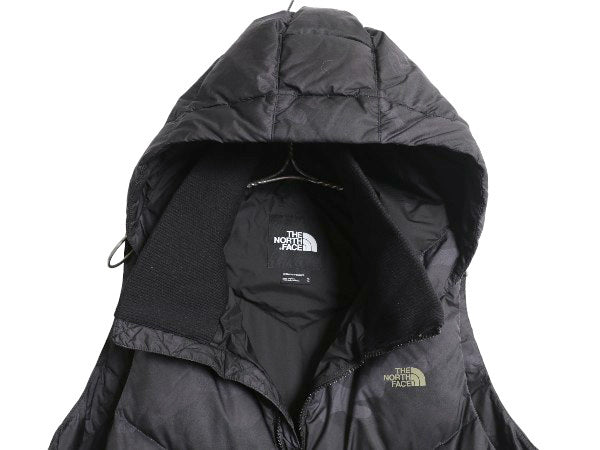 ノースフェイス ダウン ロング ベスト レディース XL アウトドア 550フィル フード パーカー カモフラージュ 迷彩 フルジップ 重ね着 濃灰