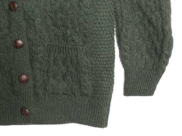 アイルランド製 aran crafts フィッシャーマン ニット カーディガン レディース M アラン メリノ ウール セーター 前開き ローゲージ 濃緑