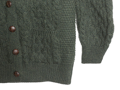 アイルランド製 aran crafts フィッシャーマン ニット カーディガン レディース M アラン メリノ ウール セーター 前開き ローゲージ 濃緑