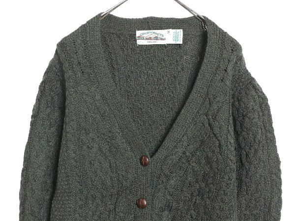 アイルランド製 aran crafts フィッシャーマン ニット カーディガン レディース M アラン メリノ ウール セーター 前開き ローゲージ 濃緑