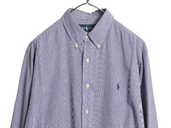 90s ラルフローレン ギンガム チェック 長袖 ボタンダウン シャツ メンズ L / オールド ポロ 長袖シャツ ワイシャツ ワンポイント ツートン