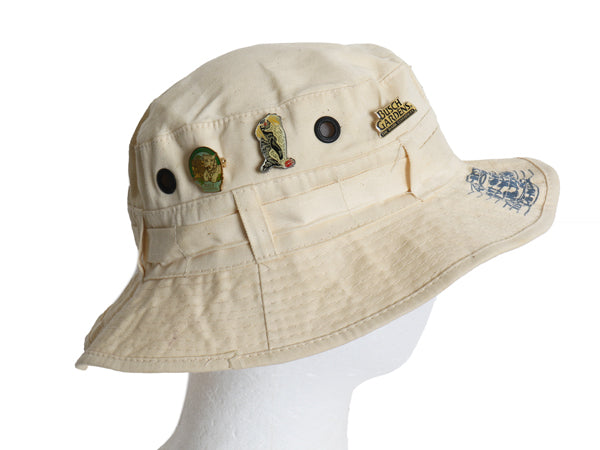 80s 企業 オフィシャル サファリ ハット メンズ レディース L 古着 ヴィンテージ 帽子 バケット キャップ コットン ピンバッジ付き 生成り
