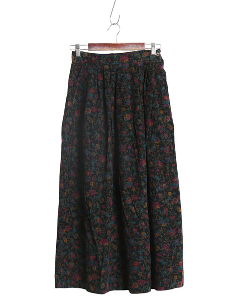 80s USA製 エルエルビーン 花柄  細畝 コーデュロイ ロング スカート レディース XS ヴィンテージ ロング丈 ギャザー入り Aライン きれいめ