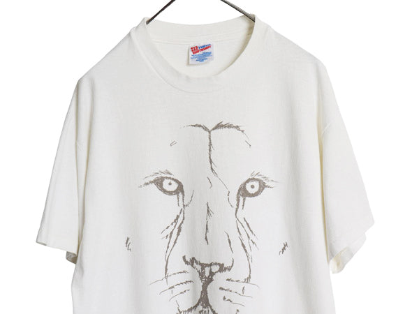 90s USA製 ライオン イラスト プリント Tシャツ メンズ L / オールド アニマル グラフィック ヘビーウェイト コットン シングルステッチ 白