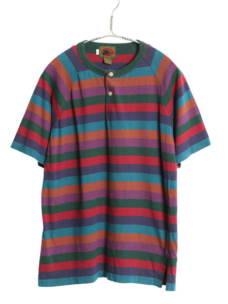 90s Boston Traders ヘンリーネック ボーダー 半袖 Tシャツ メンズ レディース L 小さめ S / 古着 オールド シングルステッチ マルチカラー