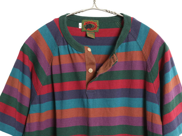 90s Boston Traders ヘンリーネック ボーダー 半袖 Tシャツ メンズ レディース L 小さめ S / 古着 オールド シングルステッチ マルチカラー