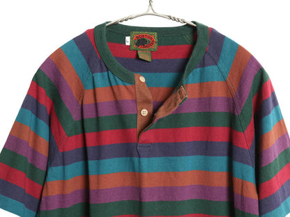 90s Boston Traders ヘンリーネック ボーダー 半袖 Tシャツ メンズ レディース L 小さめ S / 古着 オールド シングルステッチ マルチカラー