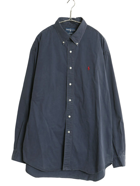 90s ラルフローレン 長袖 ボタンダウン シャツ メンズ XL オールド ポロ BLAKE コットン ワンポイント ポニー ネイビー 無地 大きいサイズ